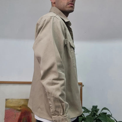 Vintage Carhartt Boxy Fit Cropped Over Shirt shacket Sleeve Medium plain Beige Button Up