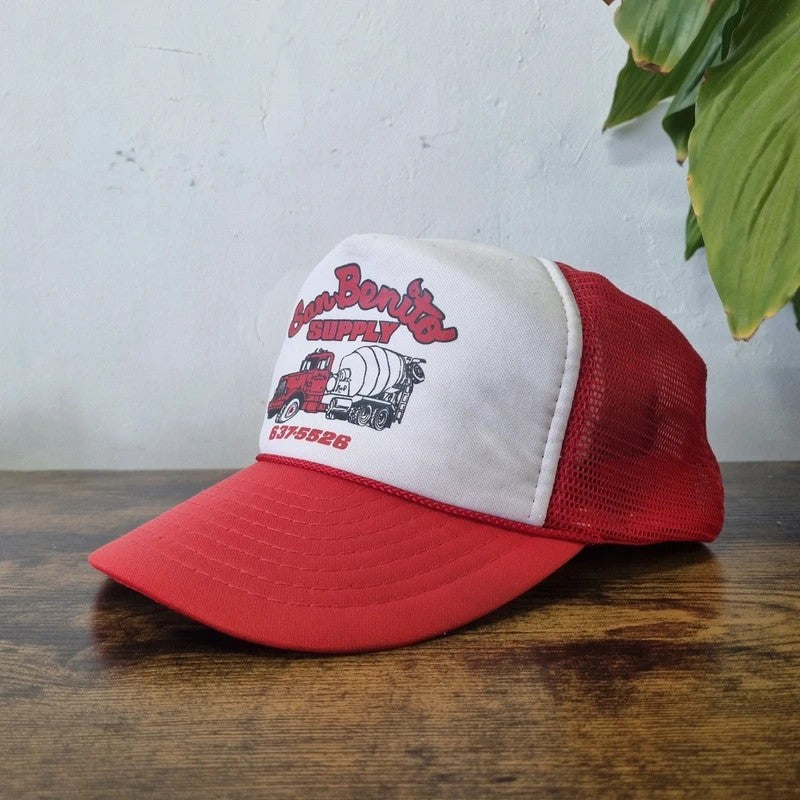 Vintage American Trucker Hat Snapback cap one size red white san bonito concrete mixer