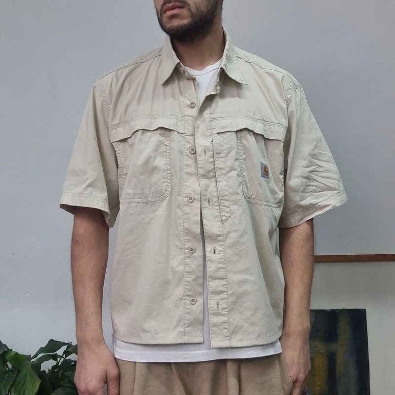 Carhartt Boxy Fit Cropped Shirt Short Sleeve large plain cream Button Up Skater Y2K Surf