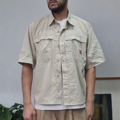Carhartt Boxy Fit Cropped Shirt Short Sleeve large plain cream Button Up Skater Y2K Surf