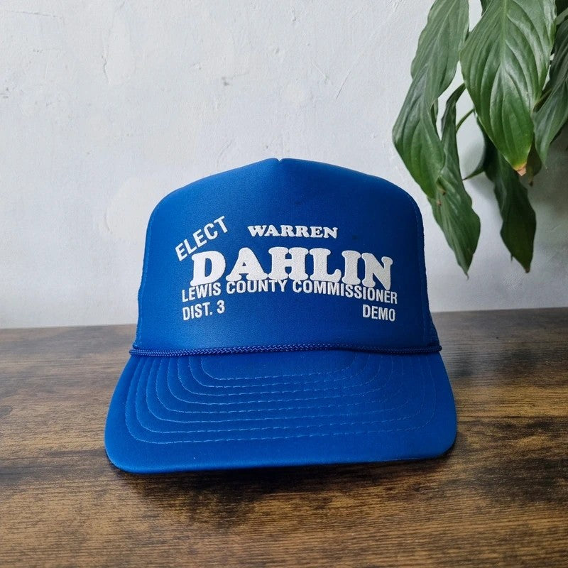 Vintage American Trucker Hat Snapback cap one size adjustable blue Warren dahlin election