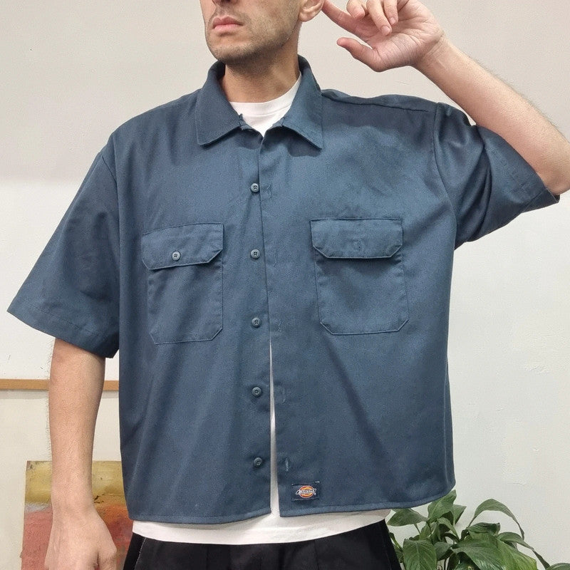 Vintage Dickies Boxy Fit Cropped Shirt Short Sleeve XL plain Navy Button Up Skater Y2K Surf