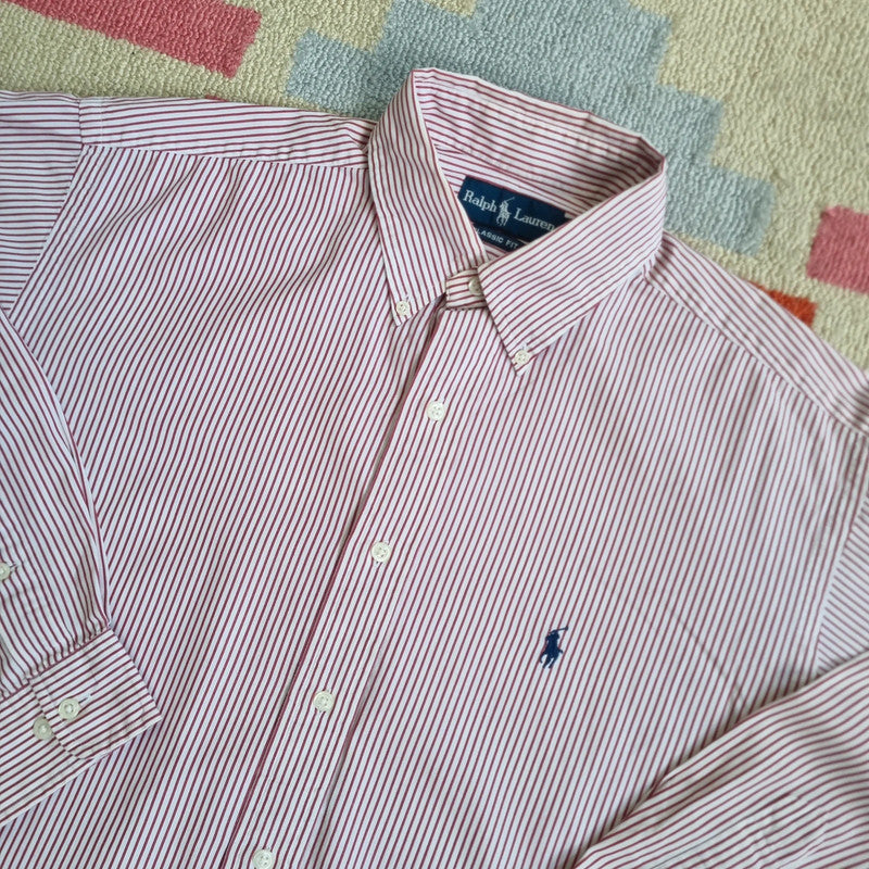 Vintage Ralph Lauren Boxy Fit Cropped Shirt Long Sleeve Large Striped red Button Up Skater Y2K