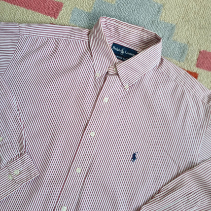 Vintage Ralph Lauren Boxy Fit Cropped Shirt Long Sleeve Large Striped red Button Up Skater Y2K