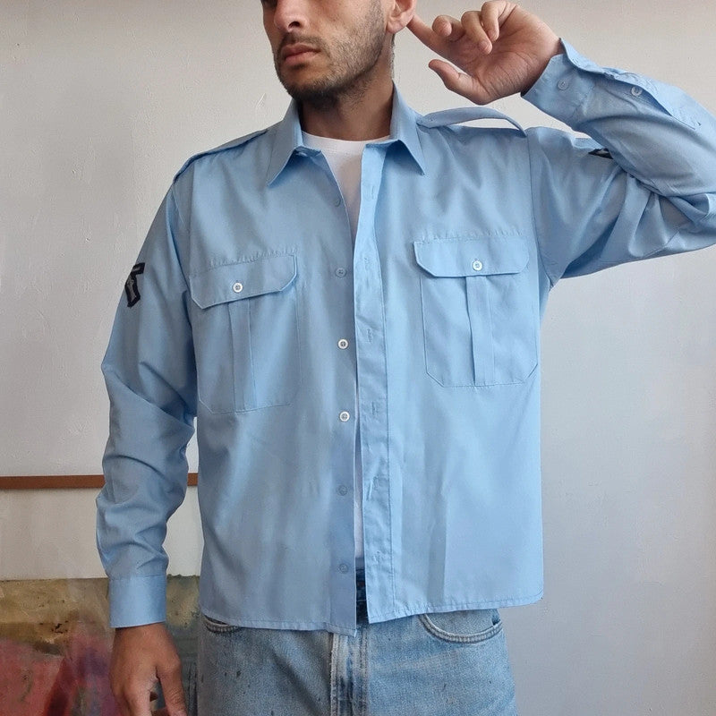 Vintage military Army Boxy Fit Cropped Shirt Long Sleeve medium plain Blue Button Up Skater Y2K