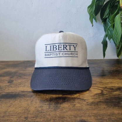 Vintage American Trucker Hat Snapback cap one size adjustable cream blue liberty baptist church