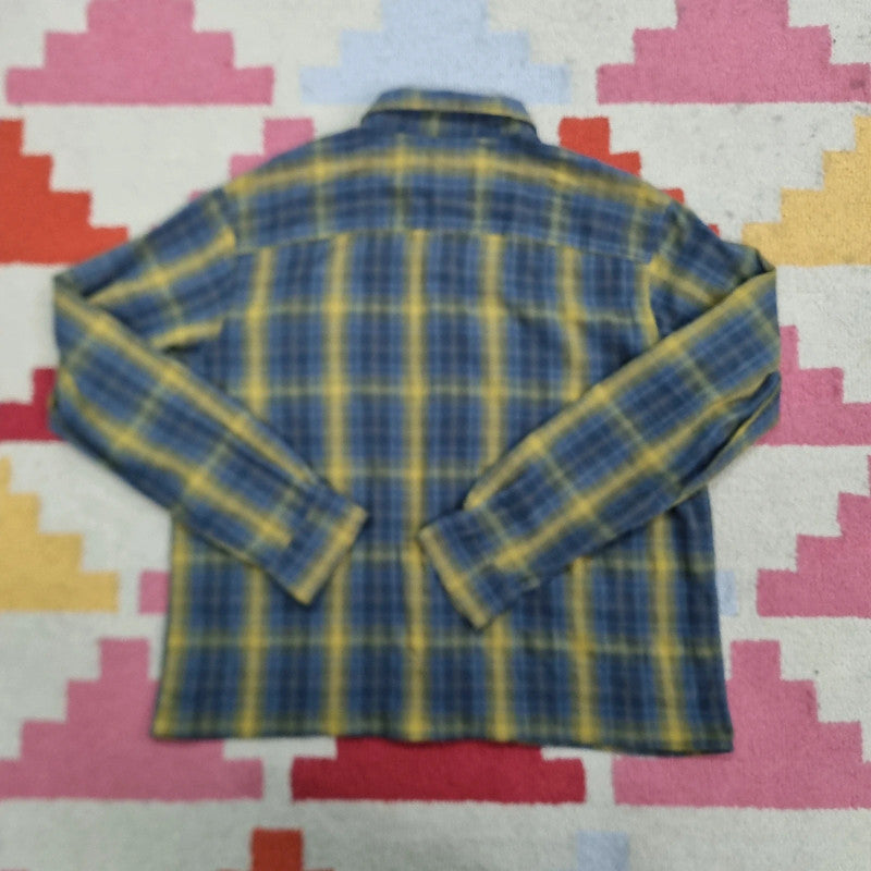 Vintage Columbia Boxy Fit Cropped Shirt Long Sleeve Large Check Blue Button Up Skater Y2K Surf