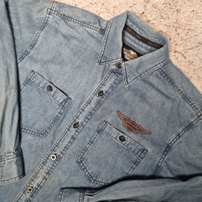 Harley Davidson Shirt Mens Denim Style Long Sleeve Overshirt - Blue - Size S