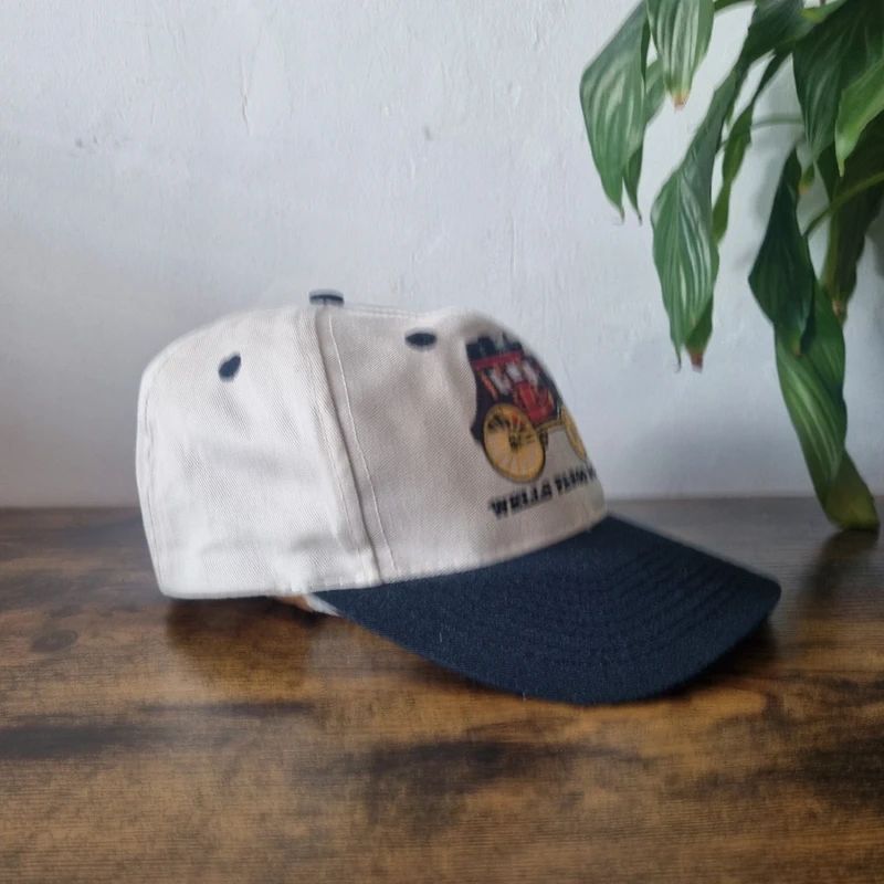 Vintage American Baseball Hat Snapback cap one size adjustable cream black wells fargo