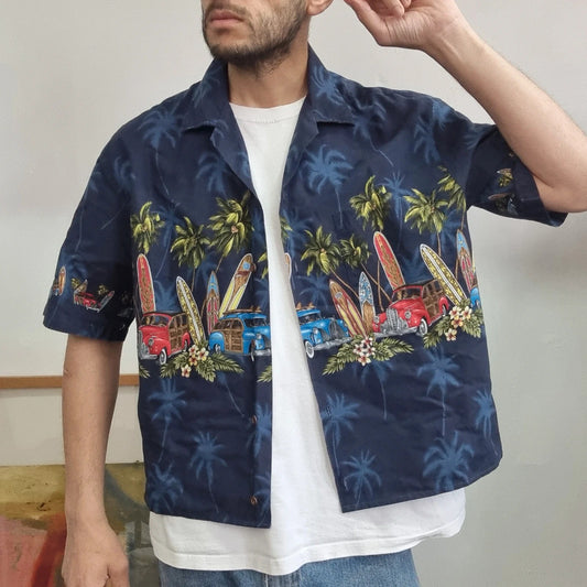 Vintage hawaii Boxy Fit Cropped Shirt Short Sleeve large print Blue Button Up Skater Y2K Surf