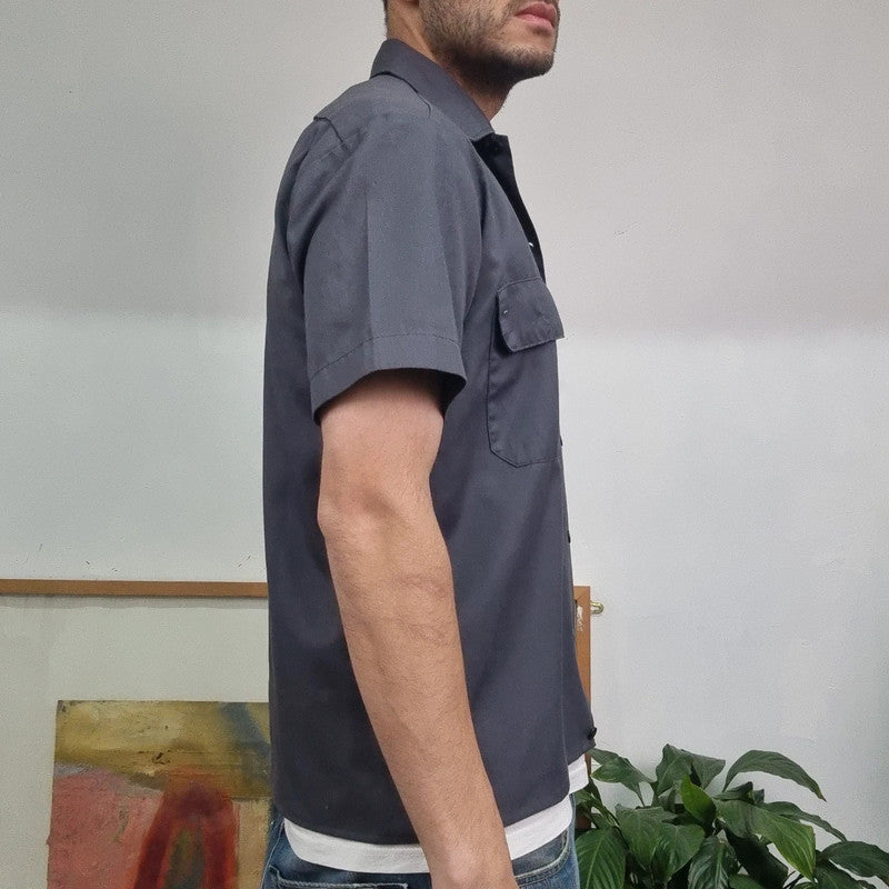 Vintage Dickies Boxy Fit Cropped Shirt Short Sleeve Small plain grey Button Up Skater Y2K Surf