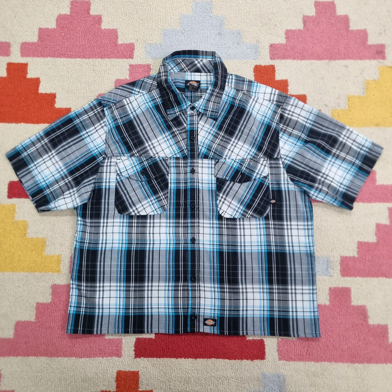 Vintage Dickies Boxy Fit Cropped Shirt Short Sleeve Medium check Blue Button Up Skater Y2K Surf