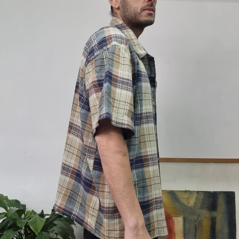 Vintage Columbia Boxy Fit Cropped Shirt short Sleeve XXL Check green Button Up Skater Y2K Surf