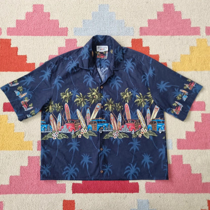 Vintage hawaii Boxy Fit Cropped Shirt Short Sleeve large print Blue Button Up Skater Y2K Surf