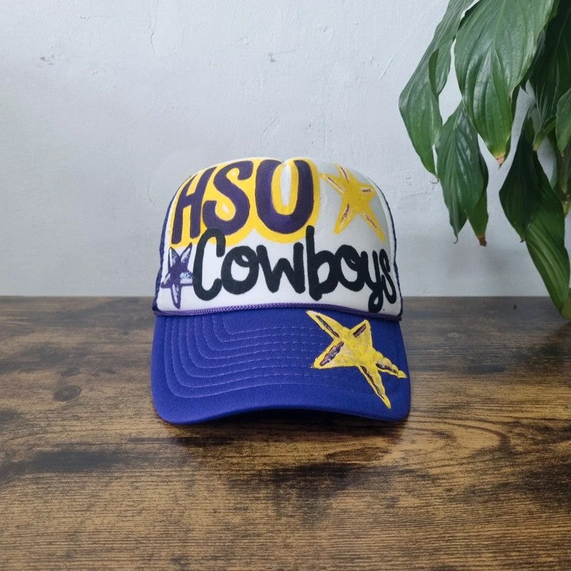 Vintage American Trucker Hat Snapback cap one size adjustable y2k HSU Cowboys purple white