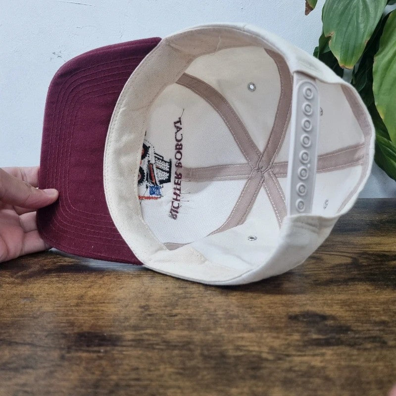 Vintage American Baseball Hat Snapback cap one size adjustable cream burgundy bobcat skit loader