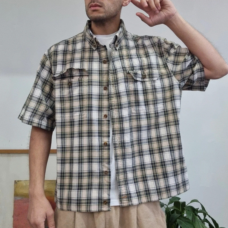 Vintage Carhartt Boxy Fit Cropped Shirt Short Sleeve XL check brown Button Up Skater Y2K Surf