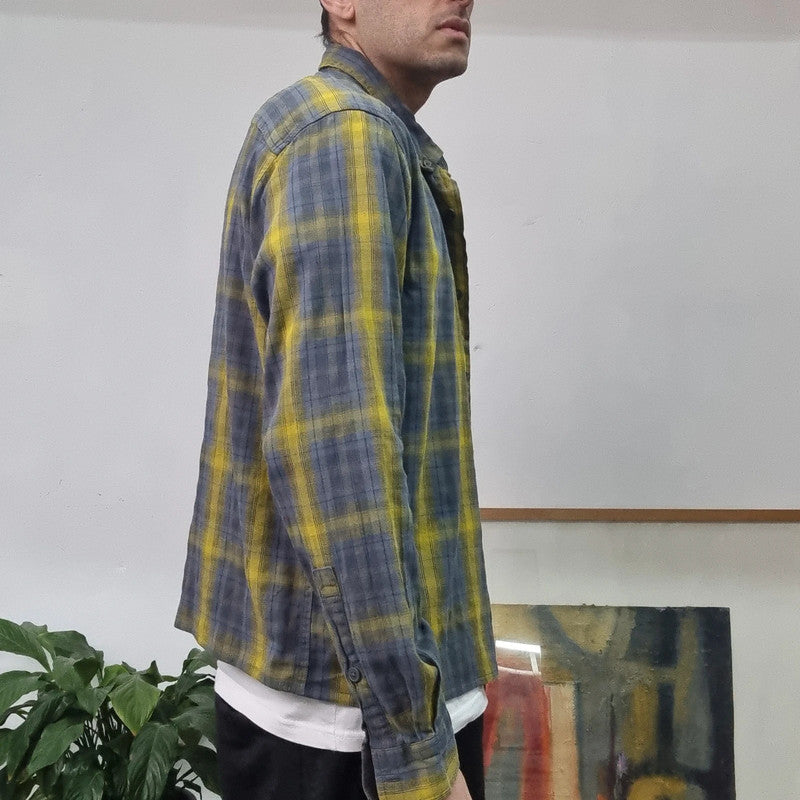 Vintage Columbia Boxy Fit Cropped Shirt Long Sleeve Large Check Blue Button Up Skater Y2K Surf