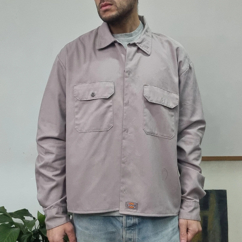 Vintage Dickies Boxy Fit Cropped Shirt Long Sleeve largr plain Grey Button Up Skater Y2K Surf