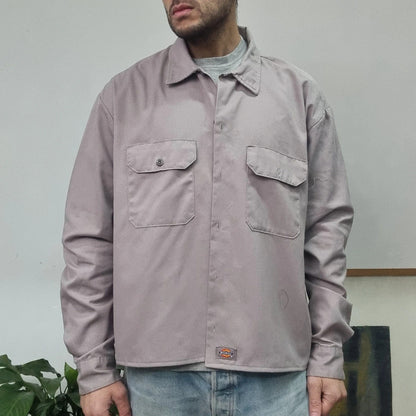 Vintage Dickies Boxy Fit Cropped Shirt Long Sleeve largr plain Grey Button Up Skater Y2K Surf