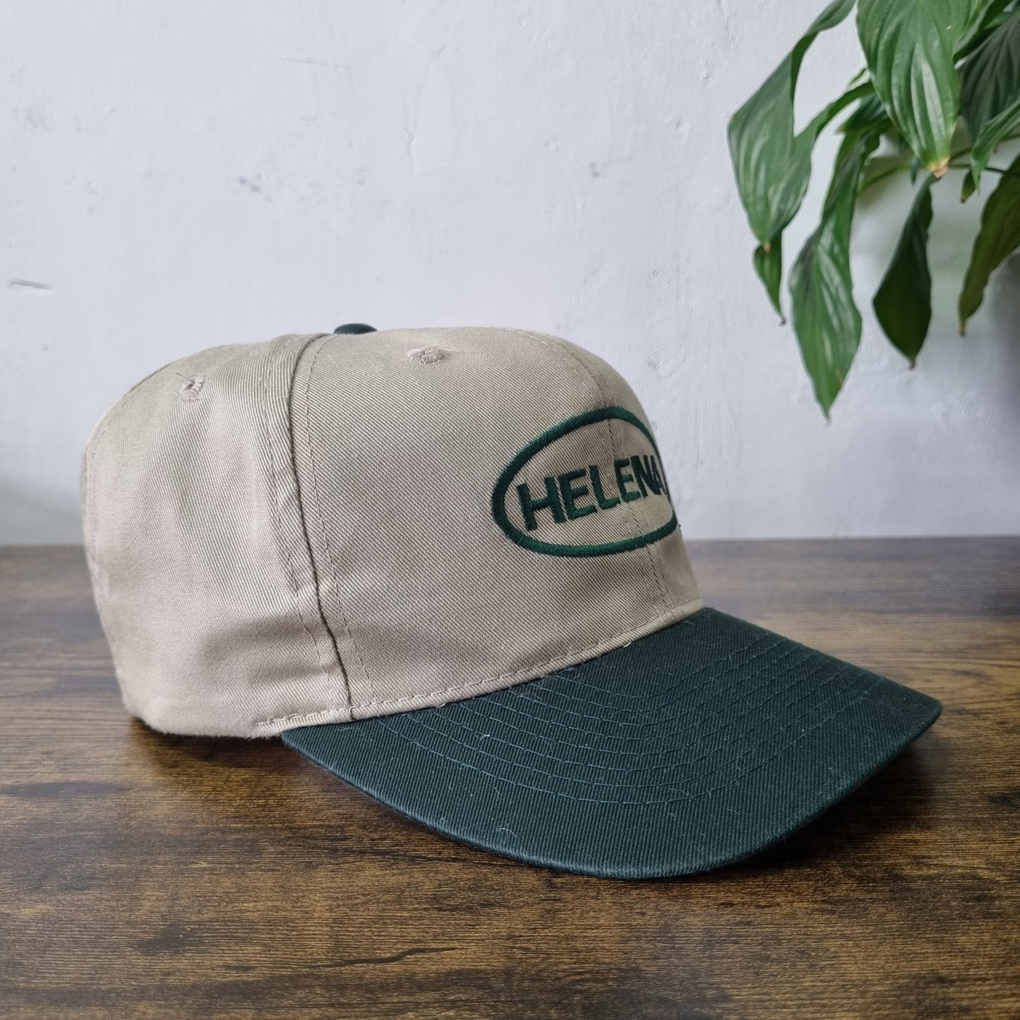 Vintage American Trucker Hat Snapback cap one size adjustable beige green Helena