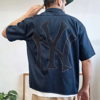 Vintage Dickies Boxy Fit Cropped Shirt short Sleeve medium plain Navy Button Up NY baseball