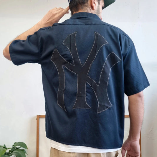 Vintage Dickies Boxy Fit Cropped Shirt short Sleeve medium plain Navy Button Up NY baseball