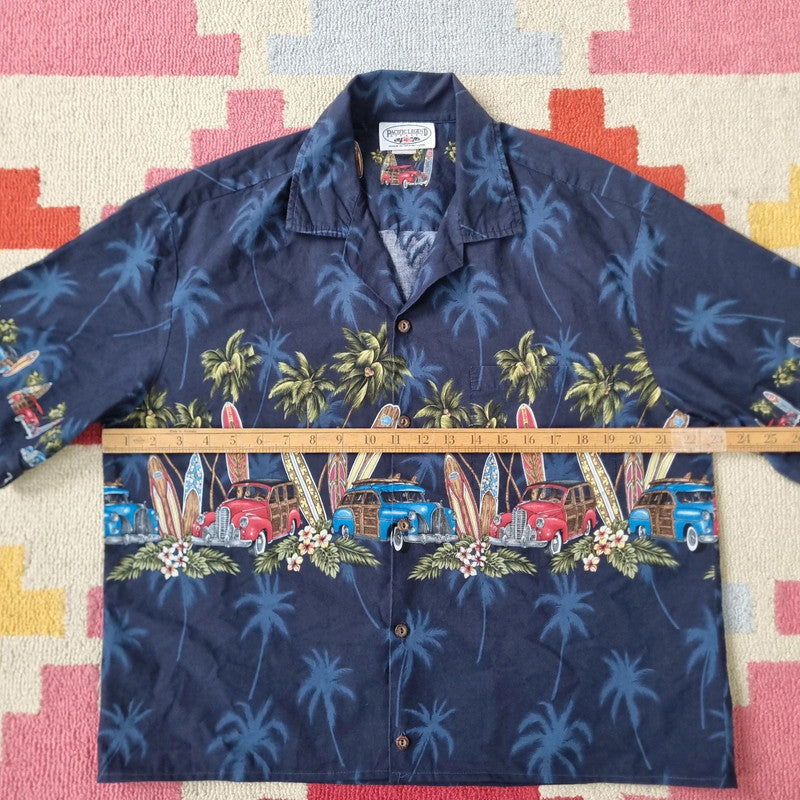 Vintage hawaii Boxy Fit Cropped Shirt Short Sleeve large print Blue Button Up Skater Y2K Surf