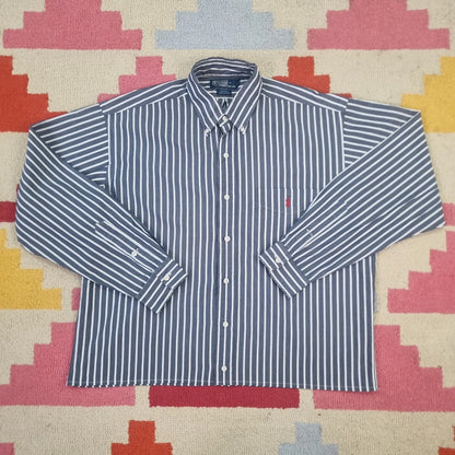 Vintage Ralph Lauren Boxy Fit Cropped Shirt Long Sleeve Medium striped Black Button Up Skater Y2K