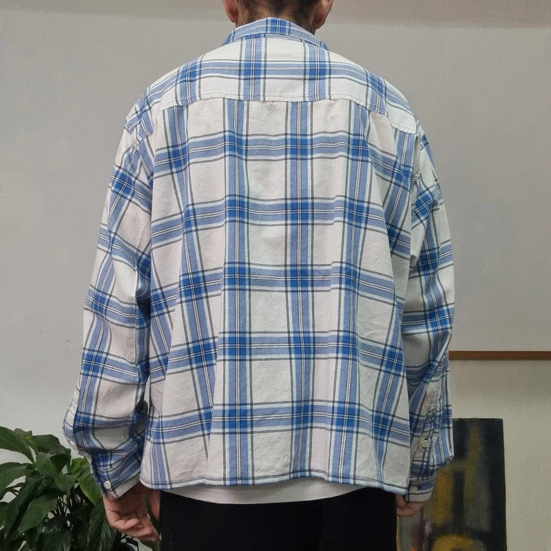 Vintage Columbia Boxy Fit Cropped Shirt Long Sleeve XXL Check Blue Button Up Skater Y2K Surf