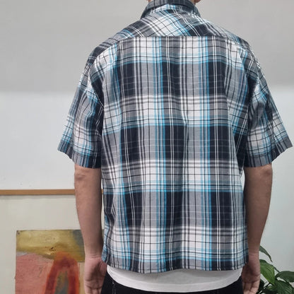 Vintage Dickies Boxy Fit Cropped Shirt Short Sleeve Medium check Blue Button Up Skater Y2K Surf