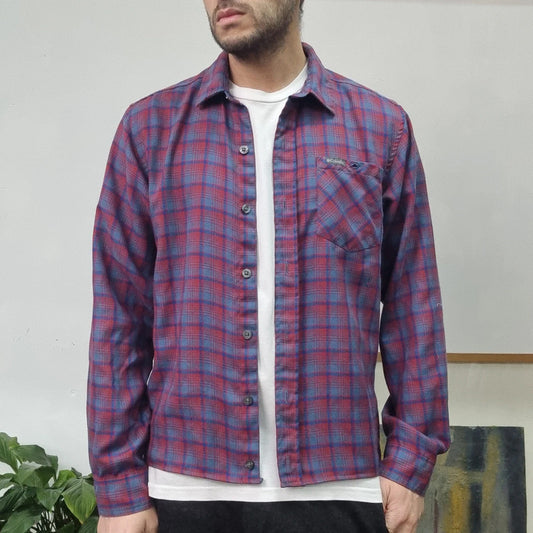 Vintage Columbia Boxy Fit Cropped Shirt Long Sleeve Small Check burgundy blue Button Up Skater