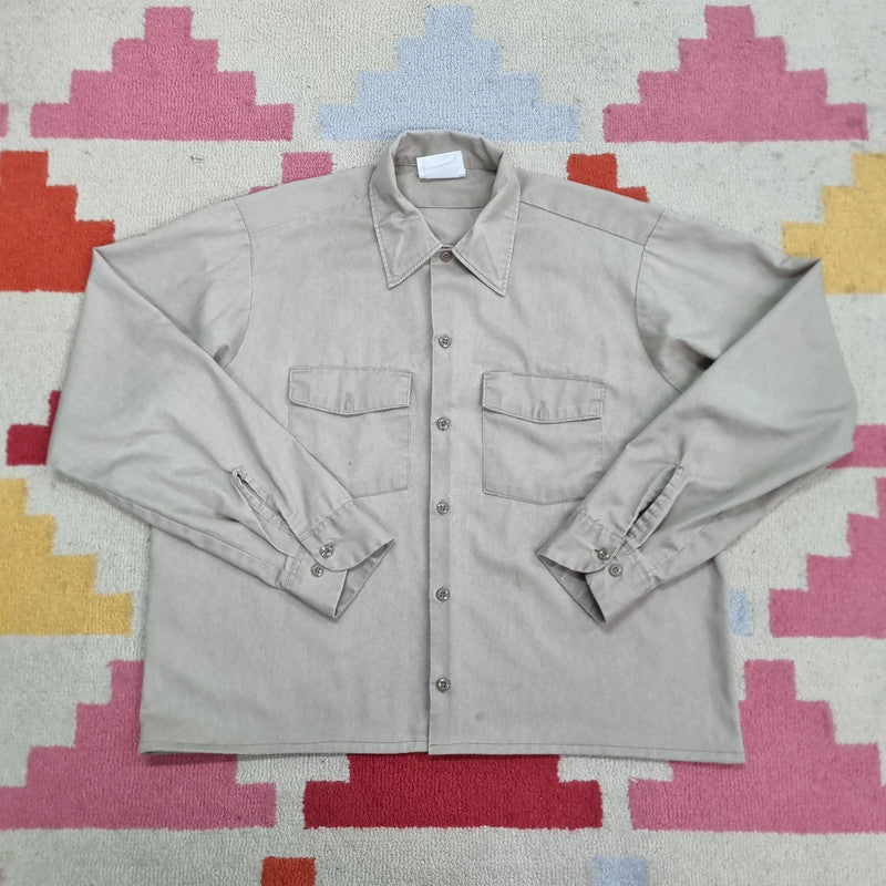 Vintage Dickies Boxy Fit Cropped Shirt Long Sleeve large plain Beige Button Up Skater Y2K Surf