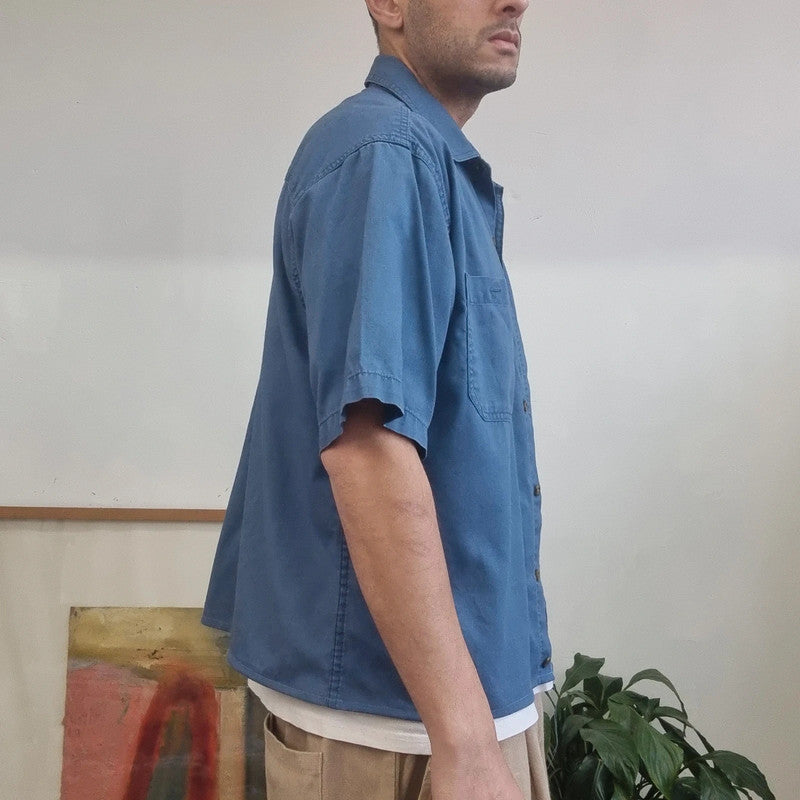 Vintage Carhartt Boxy Fit Cropped Shirt Short Sleeve large plain Blue Button Up Skater Y2K Surf