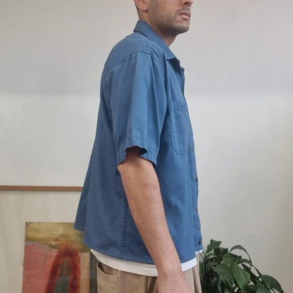 Vintage Carhartt Boxy Fit Cropped Shirt Short Sleeve large plain Blue Button Up Skater Y2K Surf