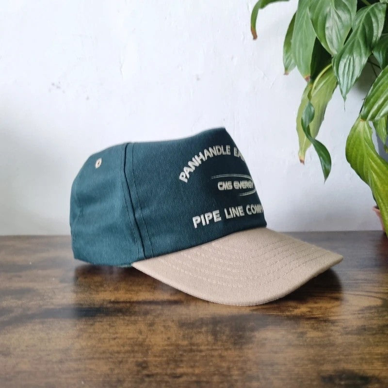 Vintage American Baseball Hat Snapback cap one size adjustable green beige pipeline company