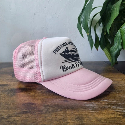 Vintage American Trucker Hat Snapback cap one size adjustable pink white boats prestige y2k