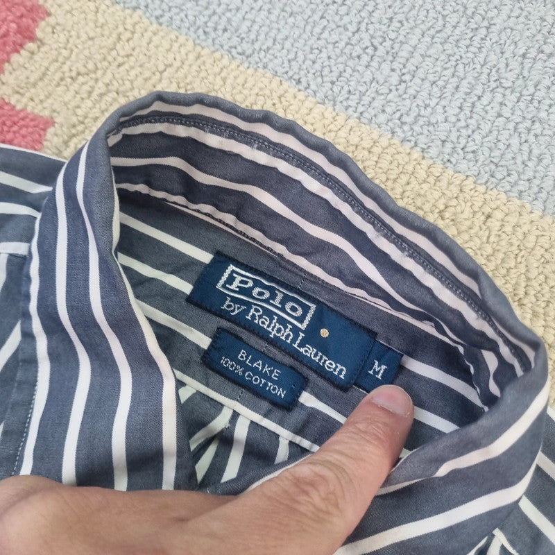 Vintage Ralph Lauren Boxy Fit Cropped Shirt Long Sleeve Medium striped Black Button Up Skater Y2K