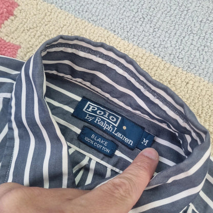 Vintage Ralph Lauren Boxy Fit Cropped Shirt Long Sleeve Medium striped Black Button Up Skater Y2K