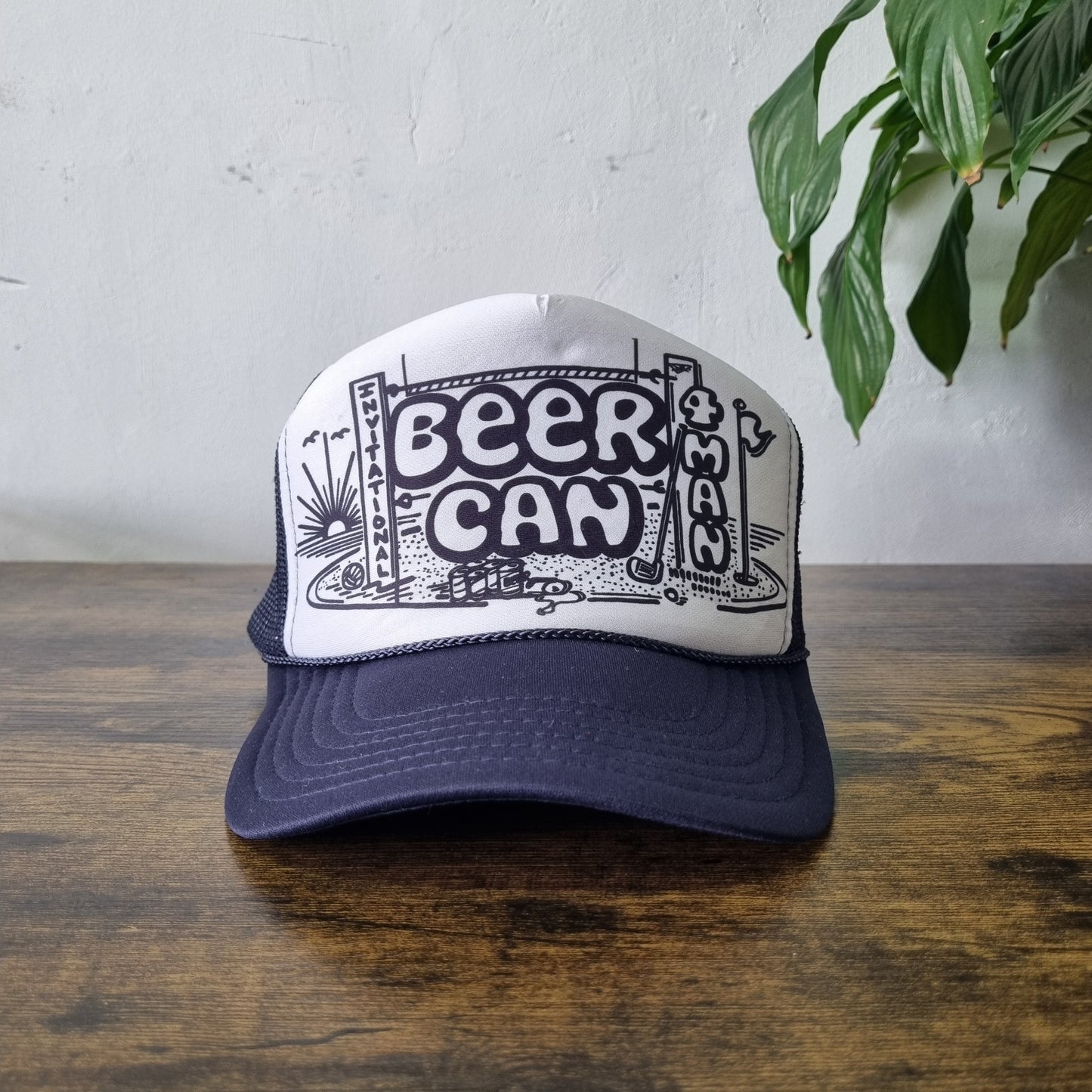 Vintage American Trucker Hat Snapback cap one size navy white beer can