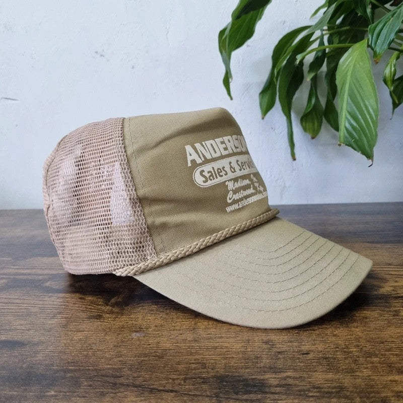 Vintage American Trucker Hat Snapback cap one size adjustable beige anderson sales & service