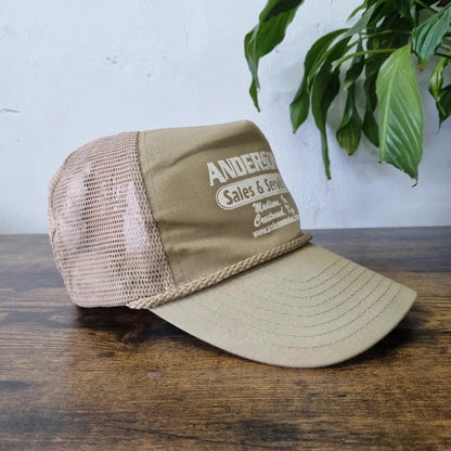 Vintage American Trucker Hat Snapback cap one size adjustable beige anderson sales & service