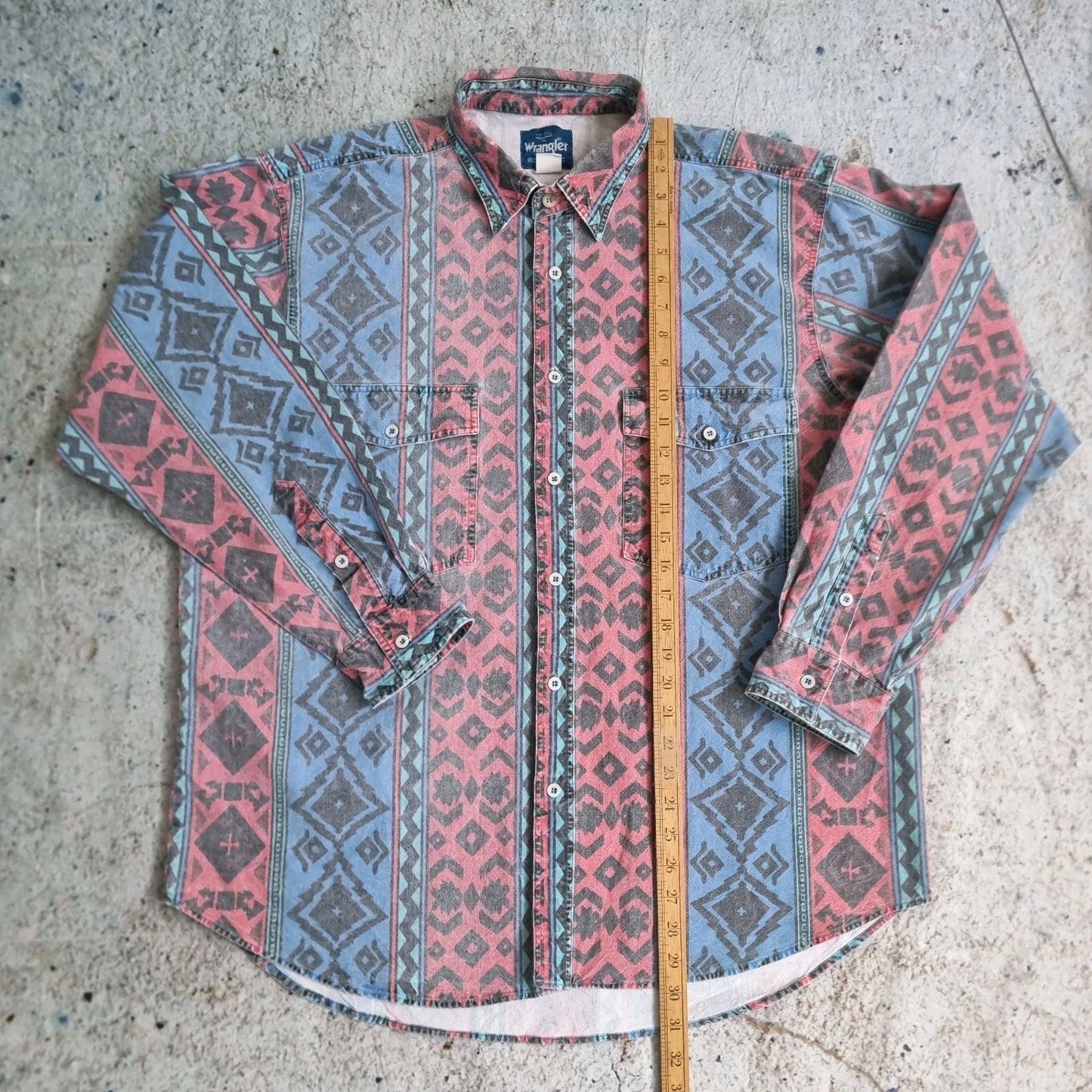 Wrangler Shirt Adult XL 17 17.5 Blue Brushpopper Striped Aztec Rodeo Western