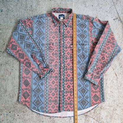 Wrangler Shirt Adult XL 17 17.5 Blue Brushpopper Striped Aztec Rodeo Western
