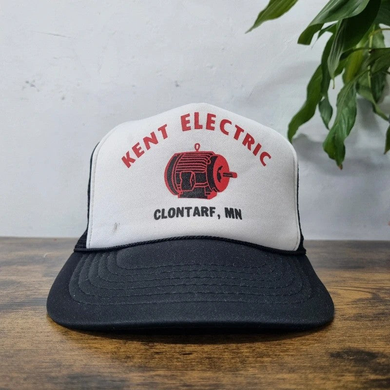 Vintage American Trucker Hat Snapback cap one size adjustable black white kent electric