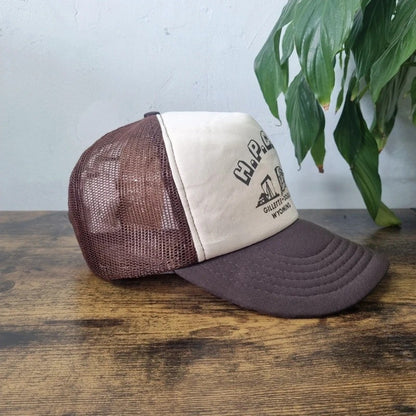 Vintage American Trucker Hat Snapback cap one size adjustable beige brown industrial oil machinery