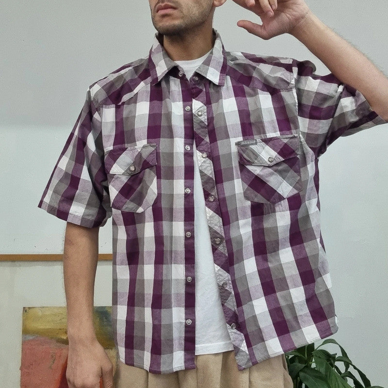Dickies Boxy Fit Cropped Shirt Short Sleeve large check purple white Button Up Skater Y2K Surf