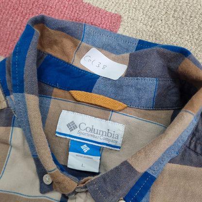 Vintage Columbia Boxy Fit Cropped Shirt Long Sleeve large Check Blue Button Up Skater Y2K Surf