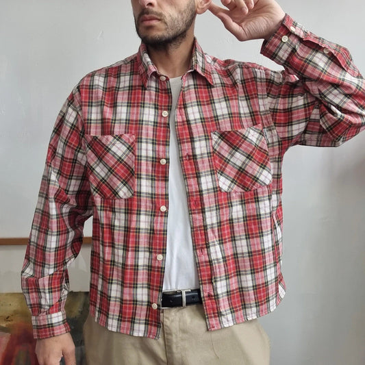 Vintage Carhartt Boxy Fit Cropped Shirt Short Sleeve Medium check red Button Up Skater Y2K Surf