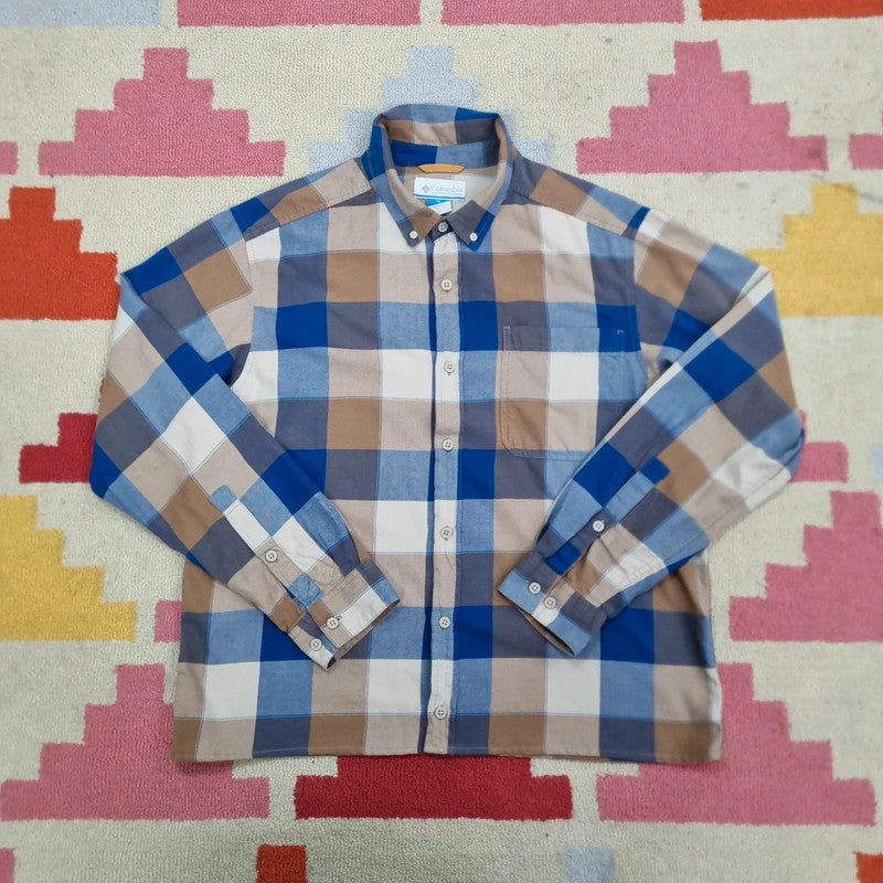 Vintage Columbia Boxy Fit Cropped Shirt Long Sleeve large Check Blue Button Up Skater Y2K Surf